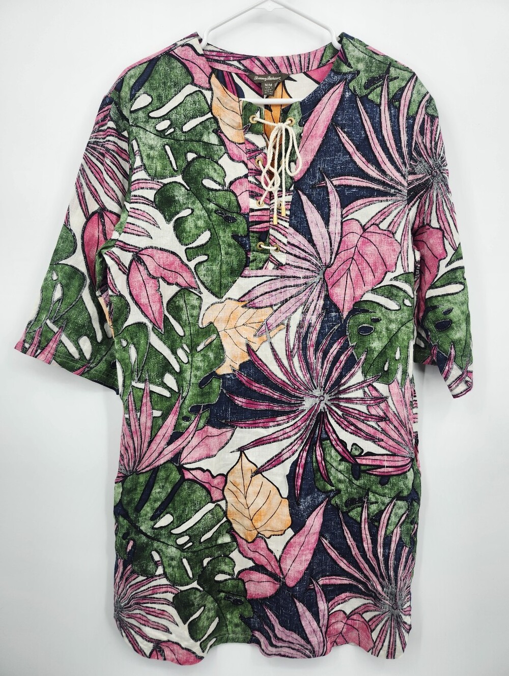 TOMMY BAHAMA Linen Tunic Mini Dress Remy Retro Lace Up Tropical Floral SZ M